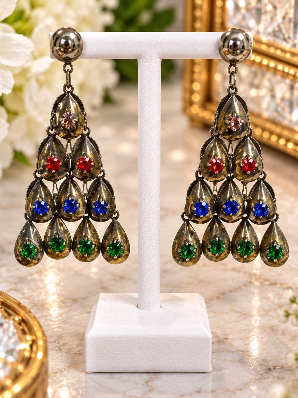 Vintage Multi-Color Teardrop Cascade Earrings